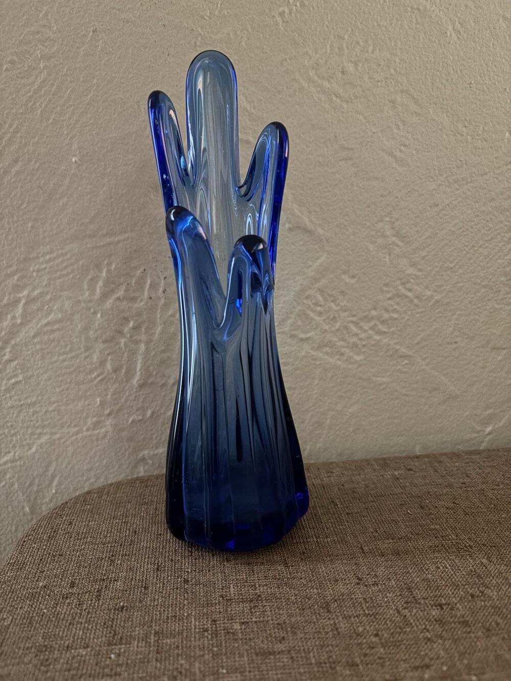 Vintage Cobalt Blue 5 Finger Swung Glass Vase 7.5” MCM Taiwan Base Chip